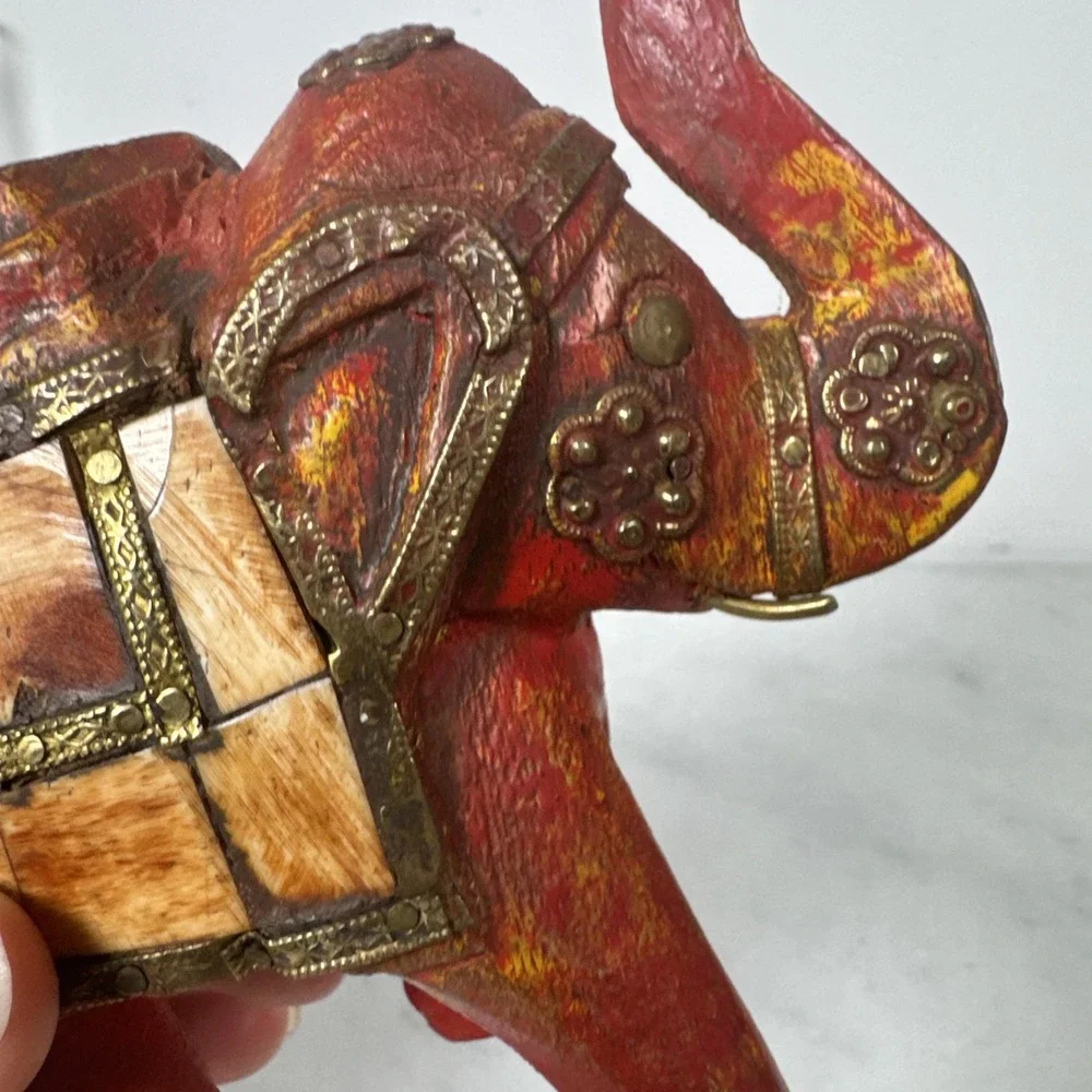 Vintage Beautiful Wood Elephant Nicely Decorated w/ Tiles & Brass